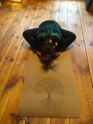 Yoga Matte Kork Natur Holz Baum Logo lang weich dick Untergrund Fitness Spirituell Heilung Natur Goa Hippie