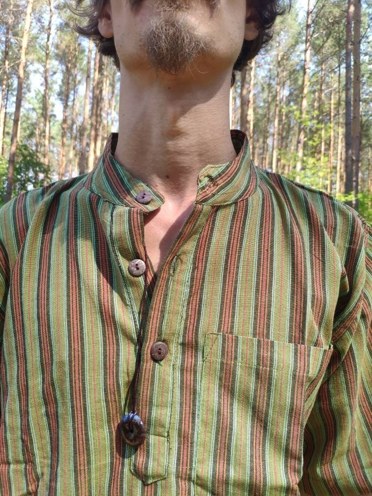 Natural Cotton Shirt Short Green/persimmon striped * UNISEX * ~ Size S - 3XL ~ Goa ~ Hippie ~ Boho Festival Psy Ethno ~ Vintage Summer Indian Yoga