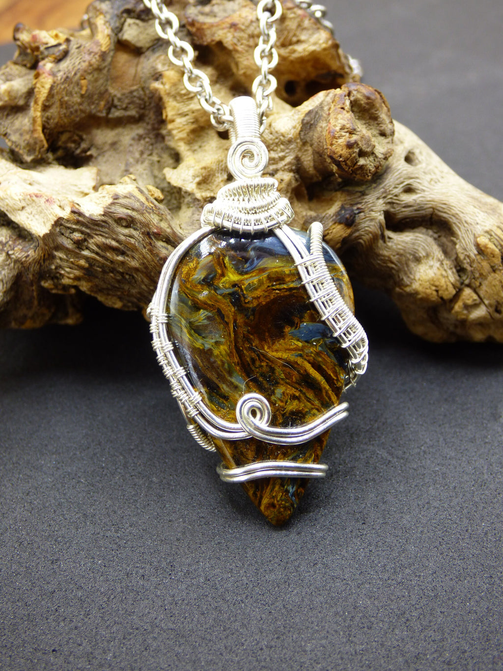 Pietersite Wire ~ Lightning Gemstone Necklace Silver Copper Wire HIPPIE GOA Boho Ethno Nature Healing Stone Energy Chakra Galaxy Universe Gold