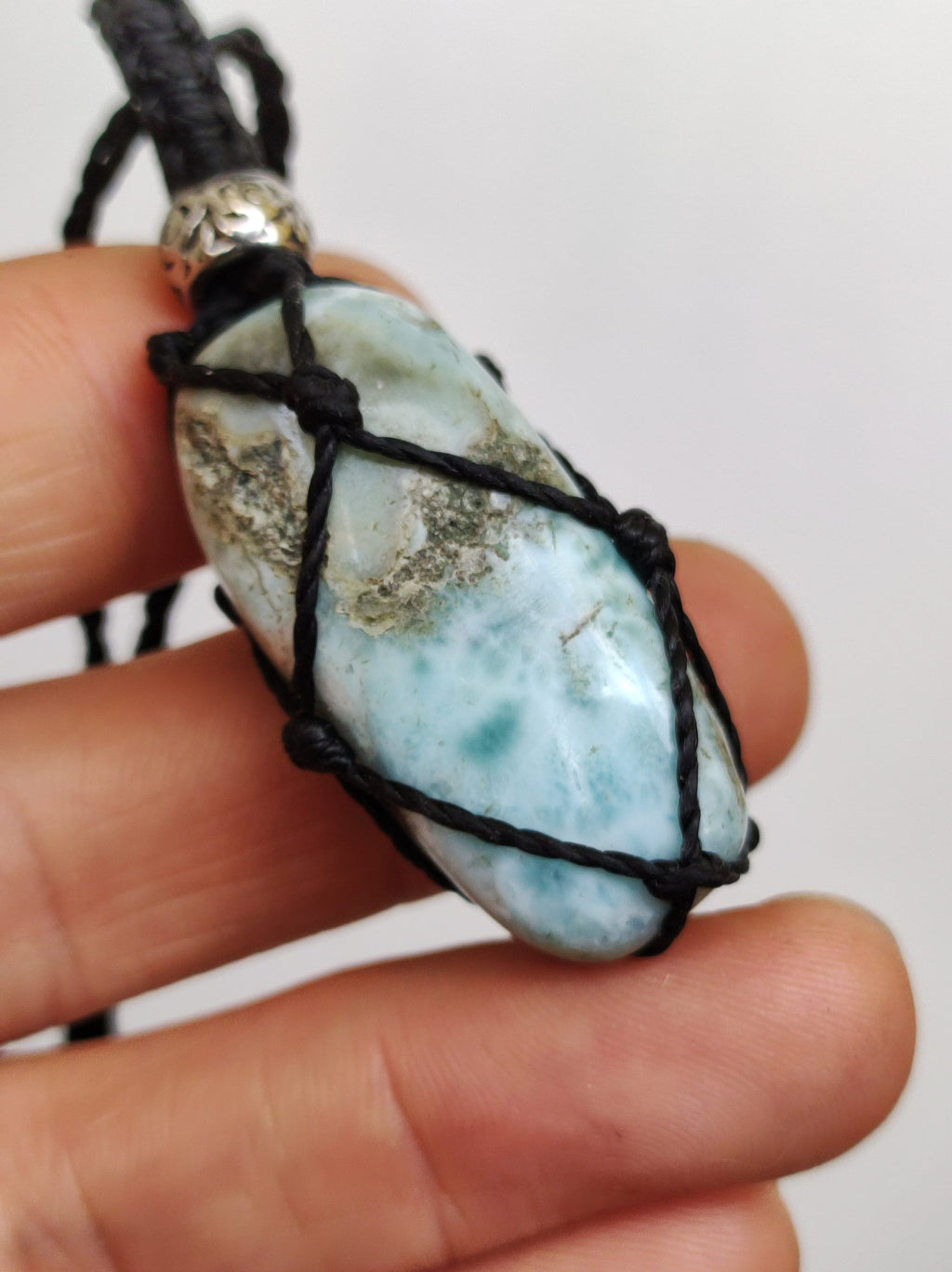 Larimar "Atlantis Stone" blue ~ Macrame Gemstone Necklace Crystal Rarity Unique Rare GOA Boho Ethnic Natural Power Healing Stone Sea Sky Blue